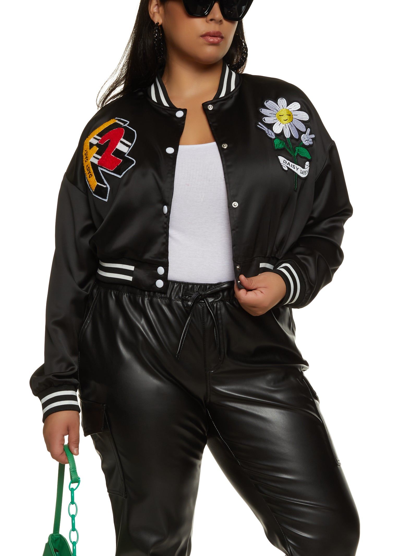Plus Size Graphic Patch Cropped Varsity Jacket sold by Rainbow