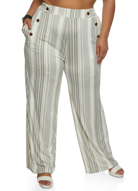 Plus Size Striped Faux Button Detail Wide Leg Pants sold by Rainbow