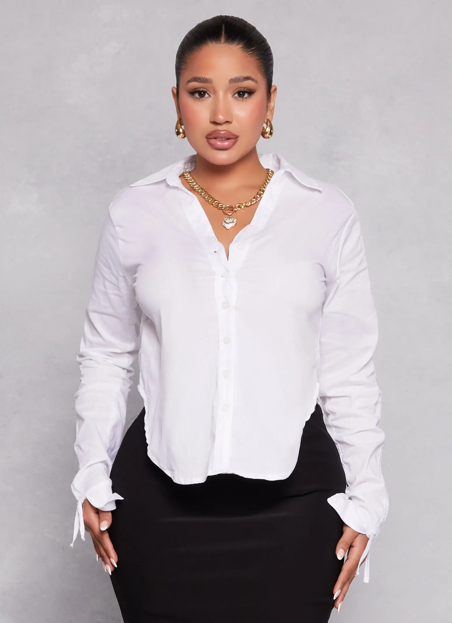 Ruched Sleeve Button Front Blouse sold by Rainbow