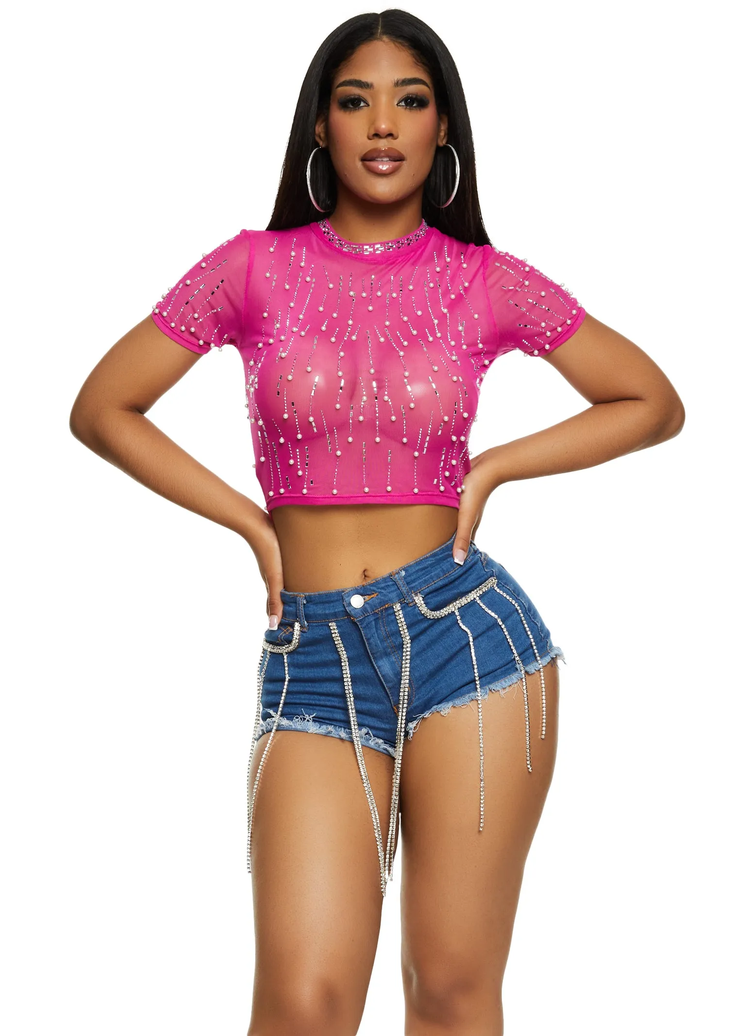 Mesh Rhinestone Faux Pearl Studded Crop Top sold by Rainbow product image thumbnail 2