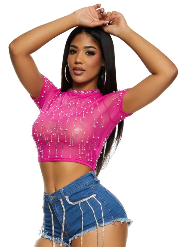 Mesh Rhinestone Faux Pearl Studded Crop Top sold by Rainbow