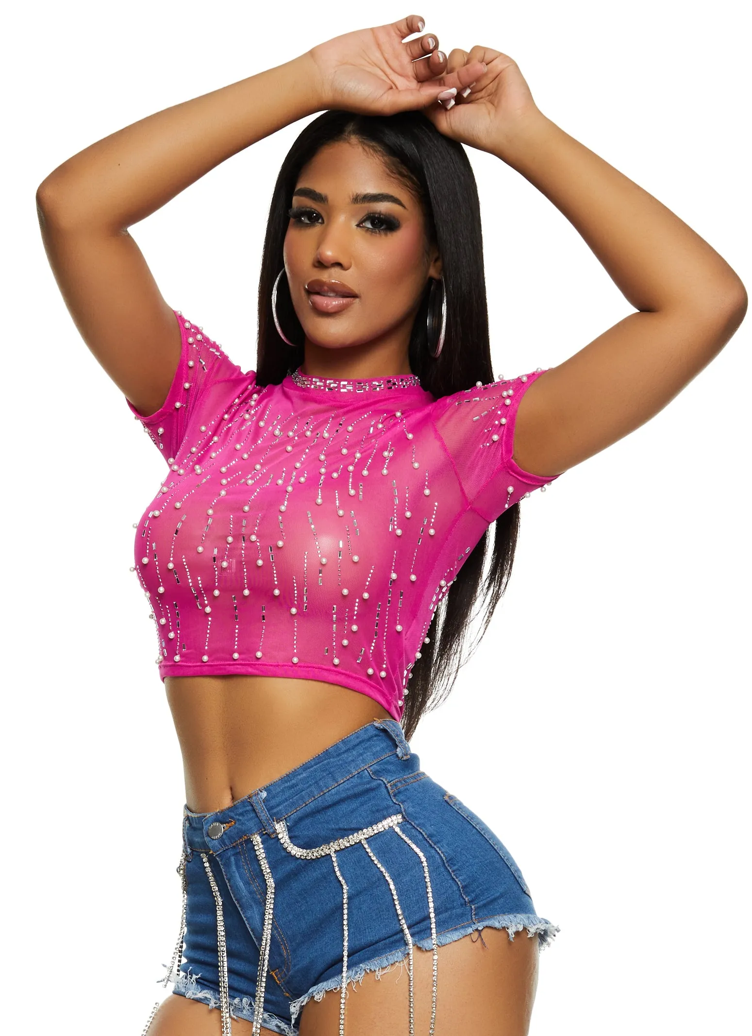 Mesh Rhinestone Faux Pearl Studded Crop Top sold by Rainbow