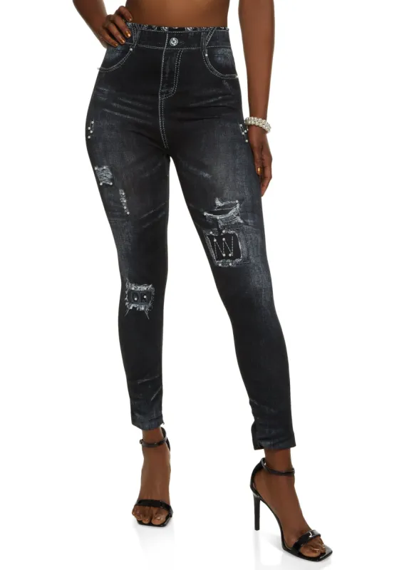 Denim Knit Faux Pearl Detail Leggings sold by Rainbow