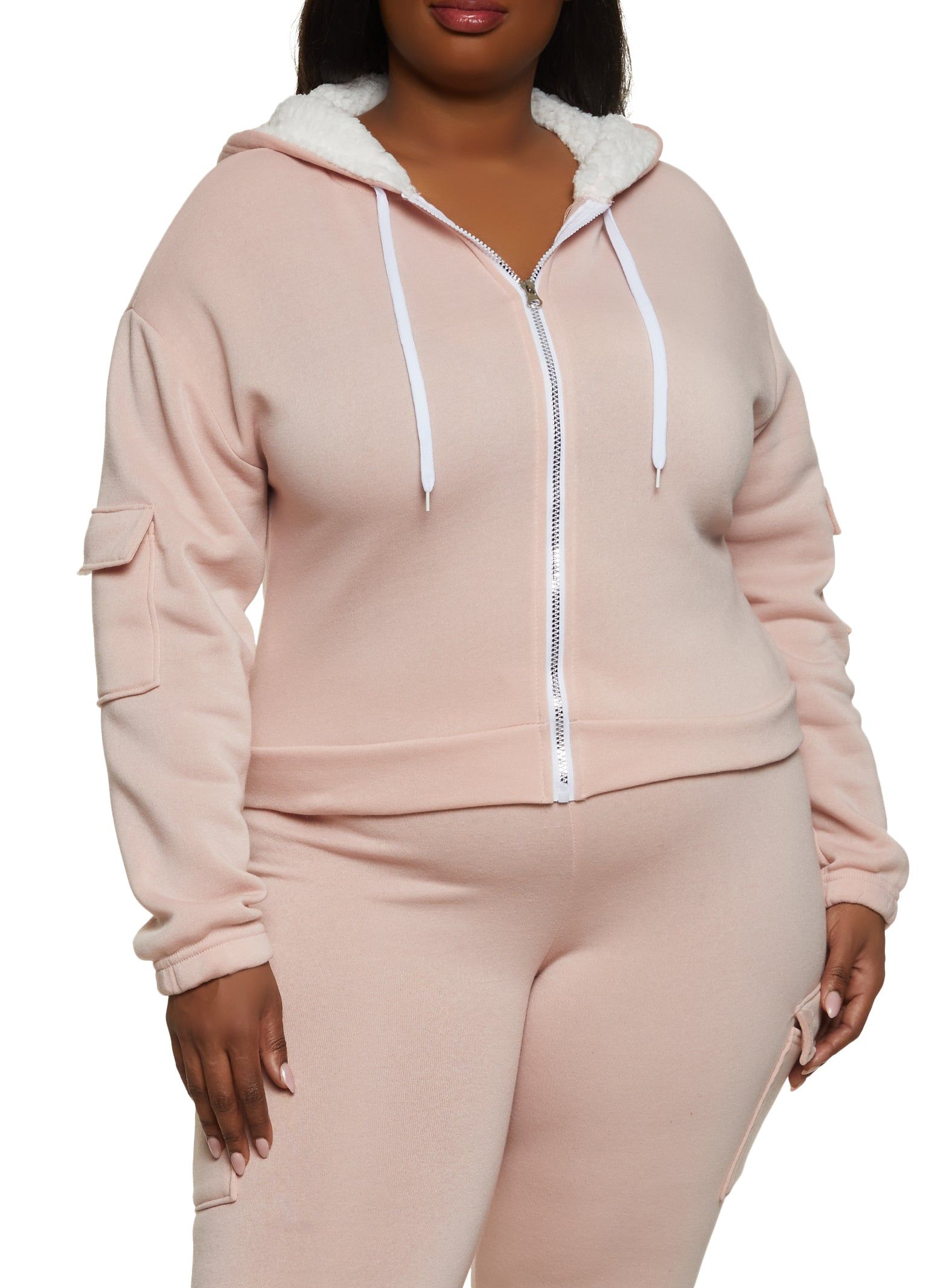 Plus Size Cargo Pocket Sleeve Zip Front Hoodie sold by Rainbow