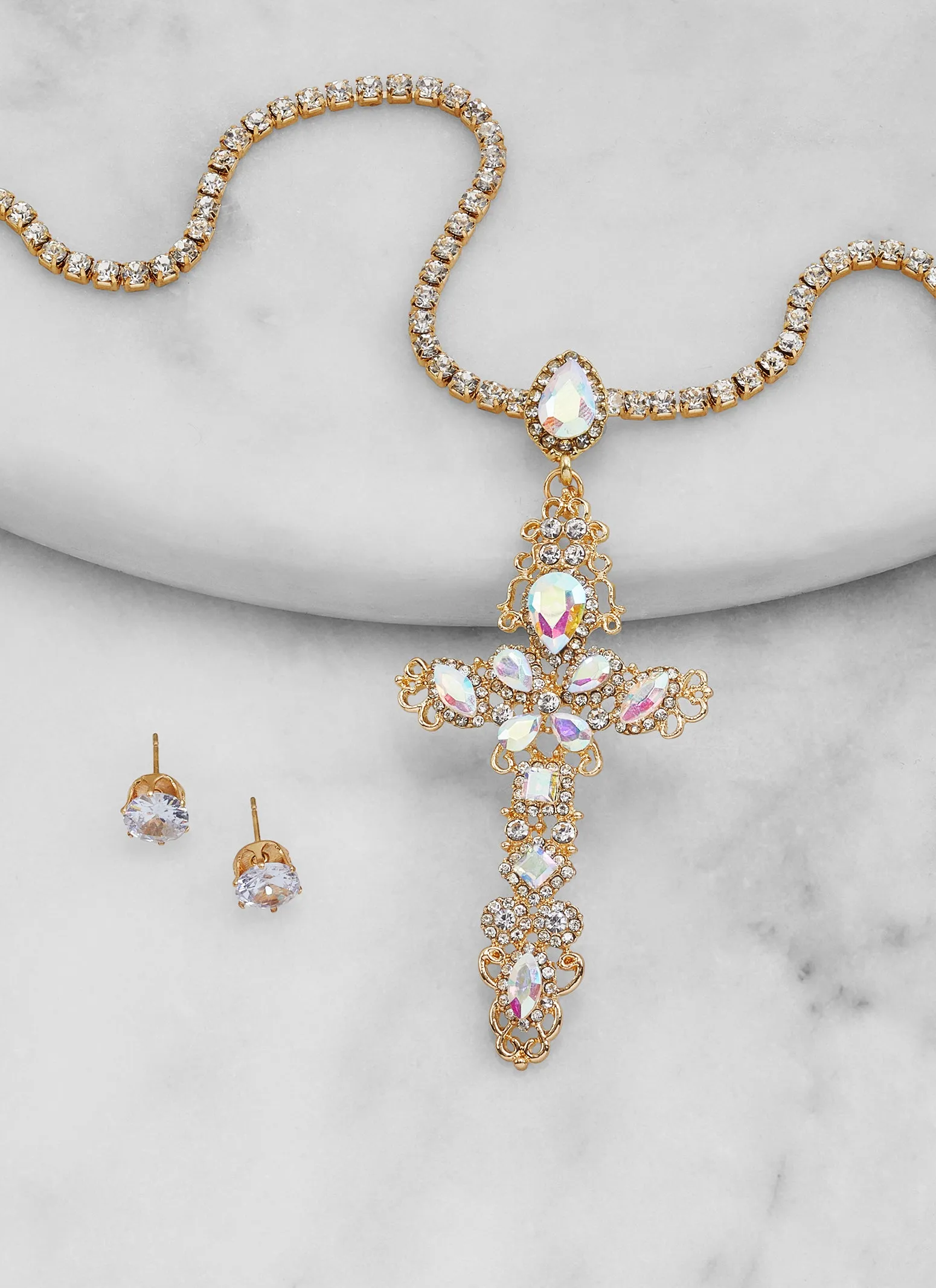 Cubic Zirconia Cross Necklace with Stud Earrings sold by Rainbow product image thumbnail 2