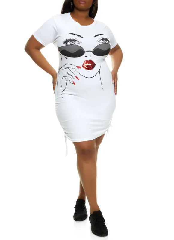 Plus Size Face Sequin Ruched Graphic T Shirt Dress sold by Rainbow