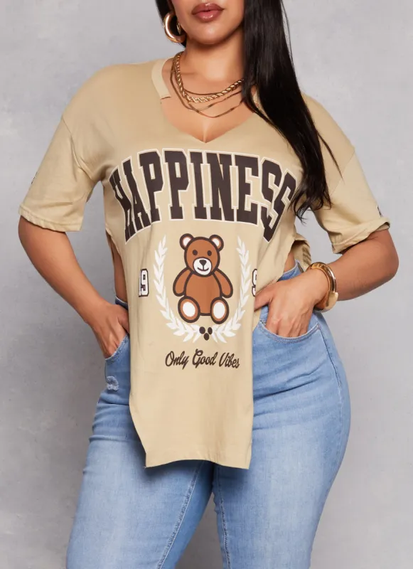 Plus Size Happiness Bear Hanky Hem Graphic Tee sold by Rainbow
