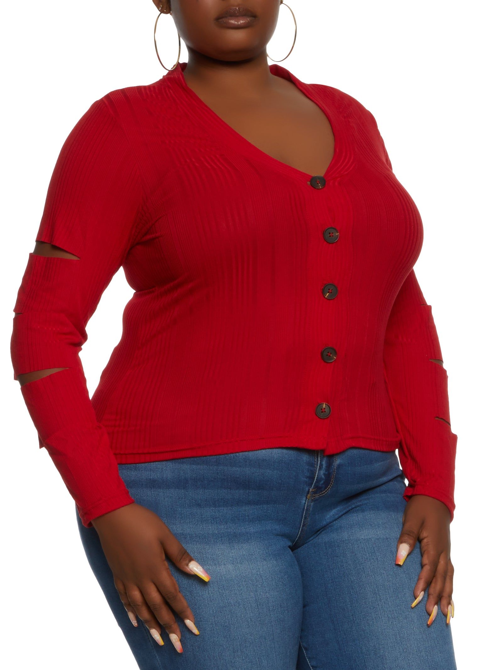 Plus Size Ribbed Laser Cut Button Front Top sold by Rainbow
