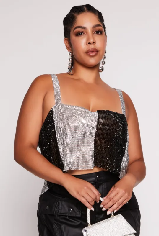 Plus Size Color Block Rhinestone Mesh Crop Top sold by Rainbow