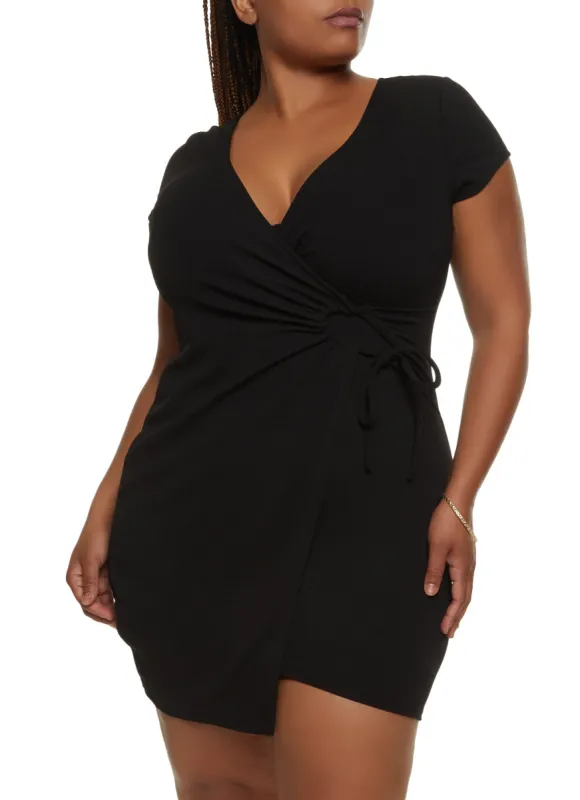 Plus Size Tie Front Mini Wrap Dress sold by Rainbow