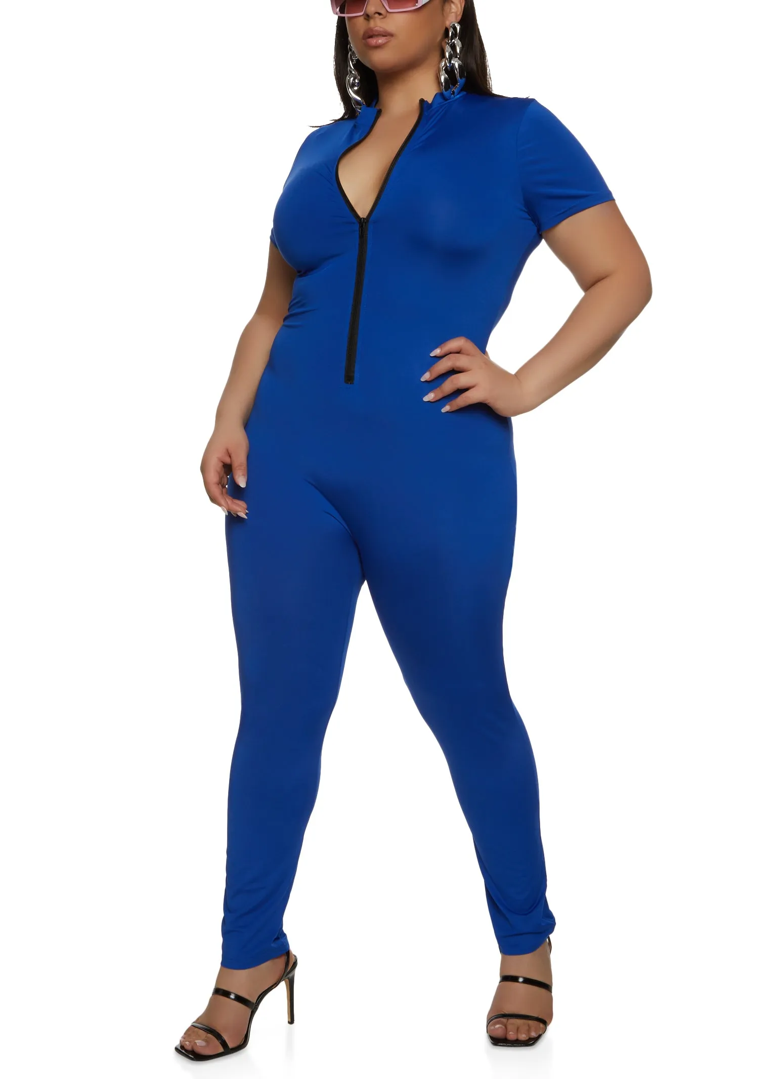 Plus Size Daisy Contrast Half Zip Jumpsuit sold by Rainbow