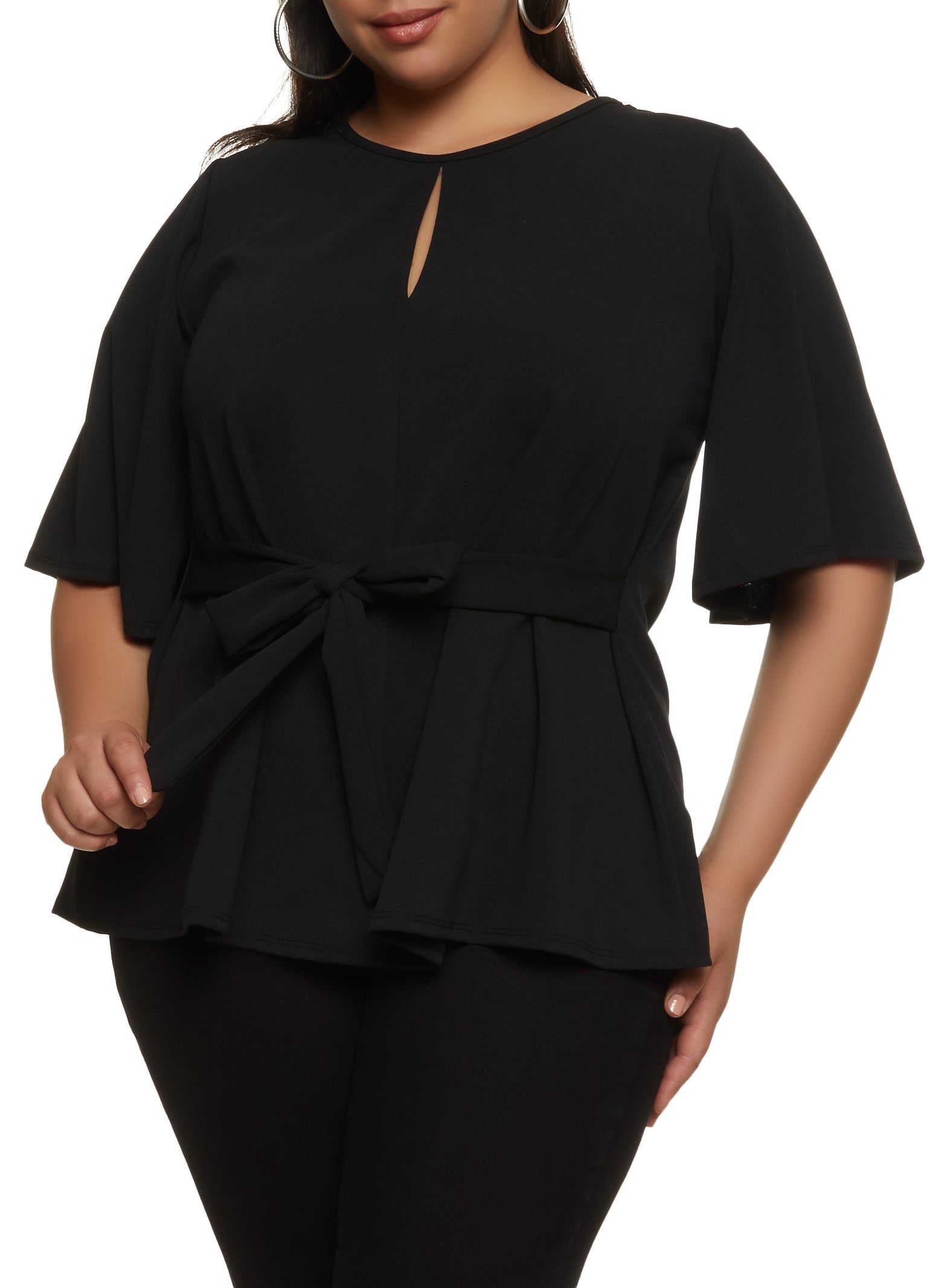 Plus Size Crepe Knit Keyhole Tie Waist Blouse sold by Rainbow