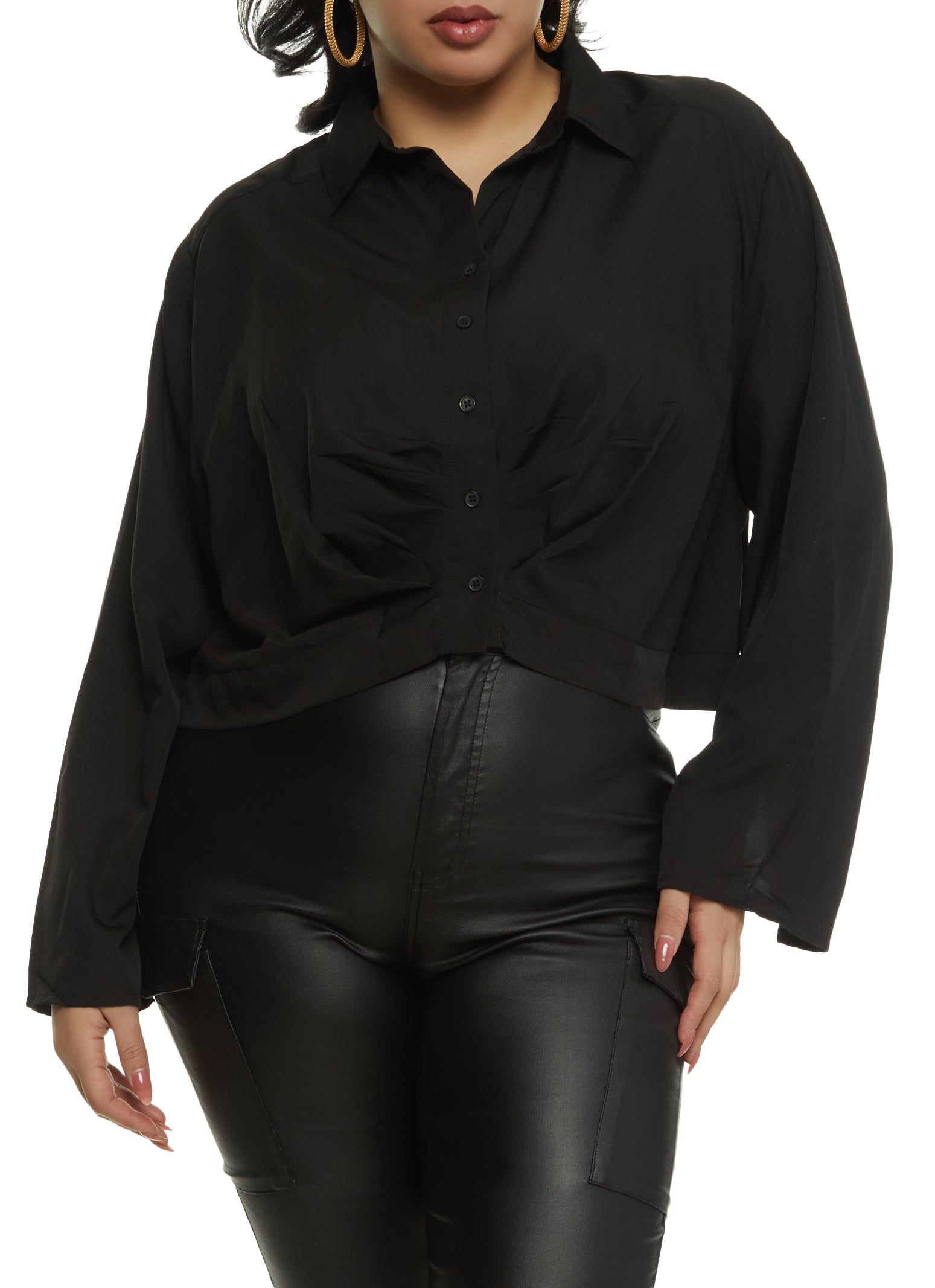 Plus Size Ruched Button Front Shirt sold by Rainbow