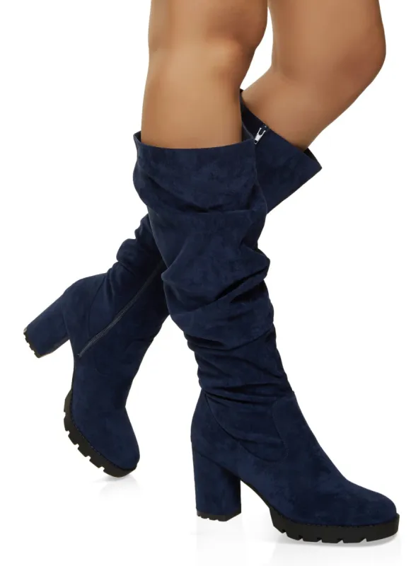Faux Suede Ruched Block Heel Boots sold by Rainbow