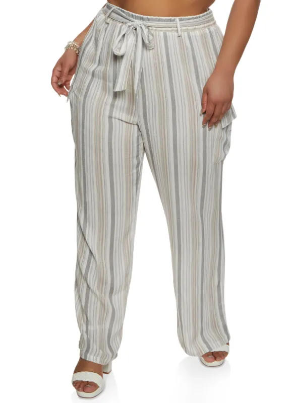 Plus Size Striped Tie Waist Belted Wide Leg Pants sold by Rainbow