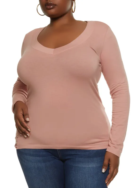 Plus Size Solid V Neck Long Sleeve Tee sold by Rainbow