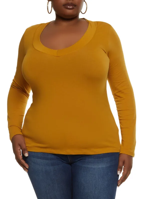 Plus Size Solid V Neck Long Sleeve Tee sold by Rainbow