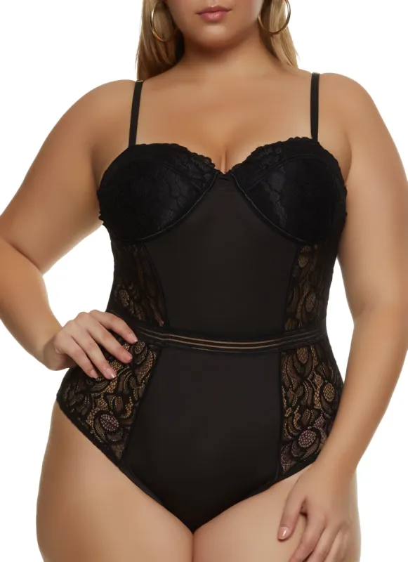 Plus Size Lace Cut Out Back Cami Bodysuit sold by Rainbow