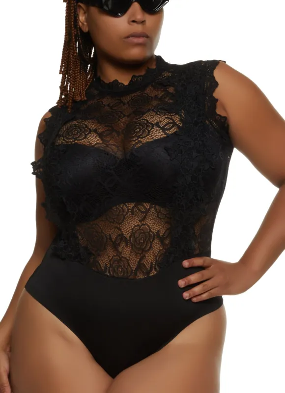 Plus Size Floral Lace Mock Neck Bodysuit sold by Rainbow