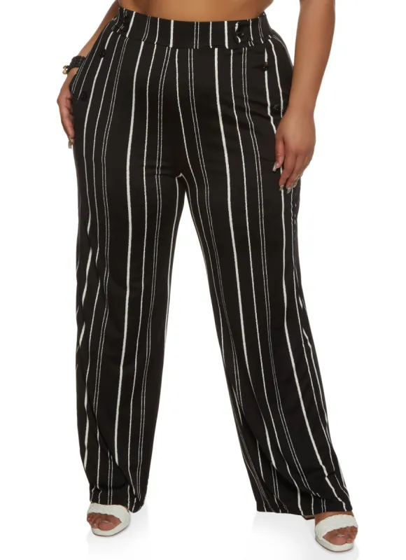 Plus Size Striped Faux Button Detail Wide Leg Pants sold by Rainbow