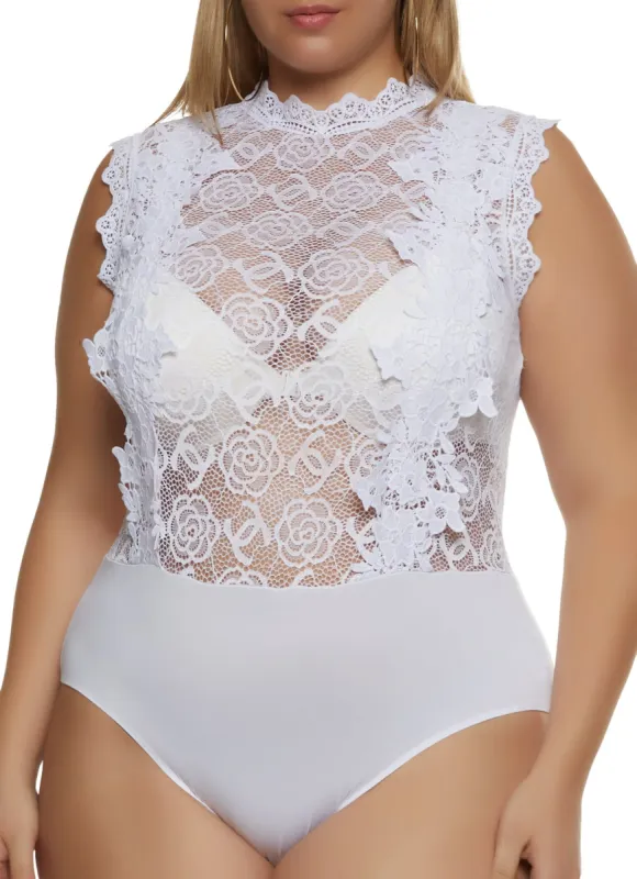 Plus Size Floral Lace Mock Neck Bodysuit sold by Rainbow