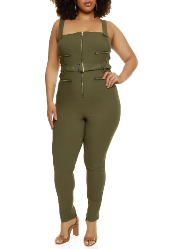 Plus Size Zip Detail Tie Waist Belted Jumpsuit sold by Rainbow