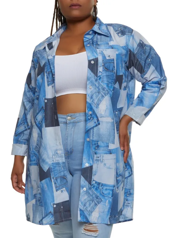 Plus Size Patchwork Print Button Front Tunic Top sold by Rainbow
