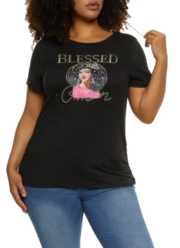 Plus Size Rhinestone Blessed Queen Graphic Tee sold by Rainbow