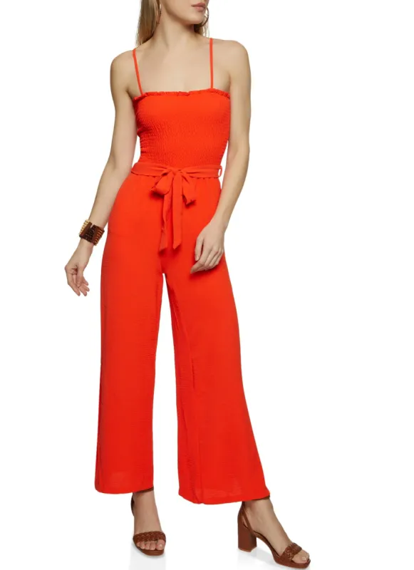 Smocked Tie Waist Jumpsuit sold by Rainbow