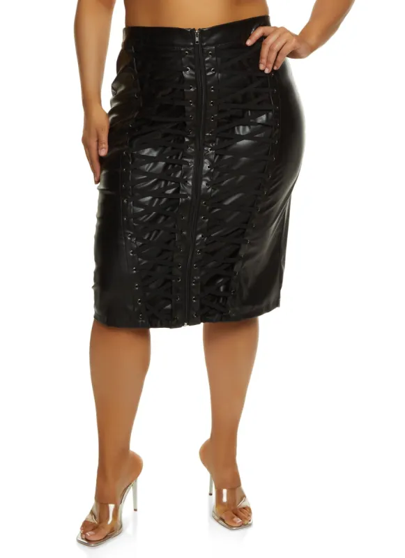 Plus Size Faux Leather Lace Up Midi Skirt sold by Rainbow