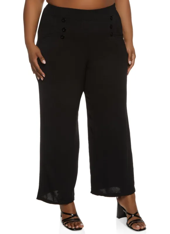 Plus Size Faux Button Detail Wide Leg Pants sold by Rainbow