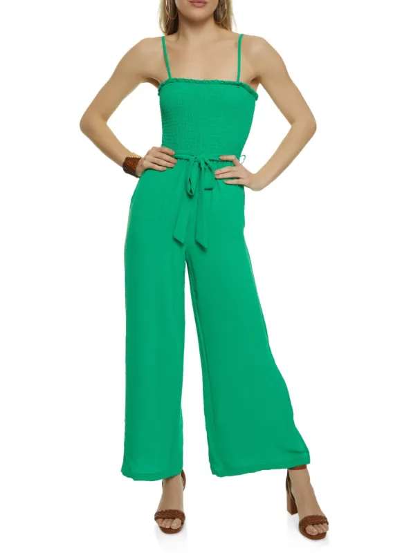 Smocked Tie Waist Jumpsuit sold by Rainbow