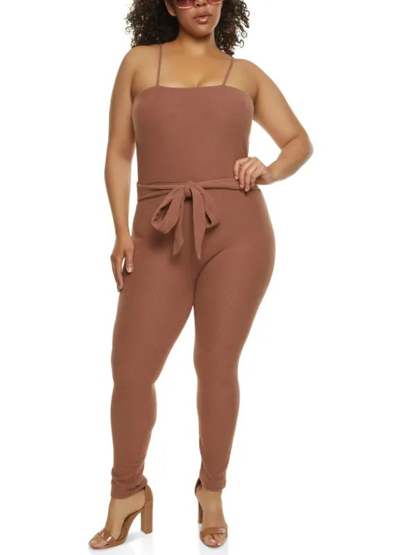 Plus Size Brushed Ribbed Knit Tie Waist Jumpsuit sold by Rainbow