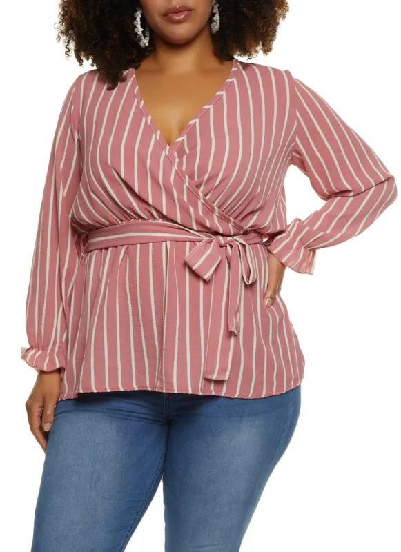 Plus Size Striped Tie Waist Belted Wrap Top sold by Rainbow