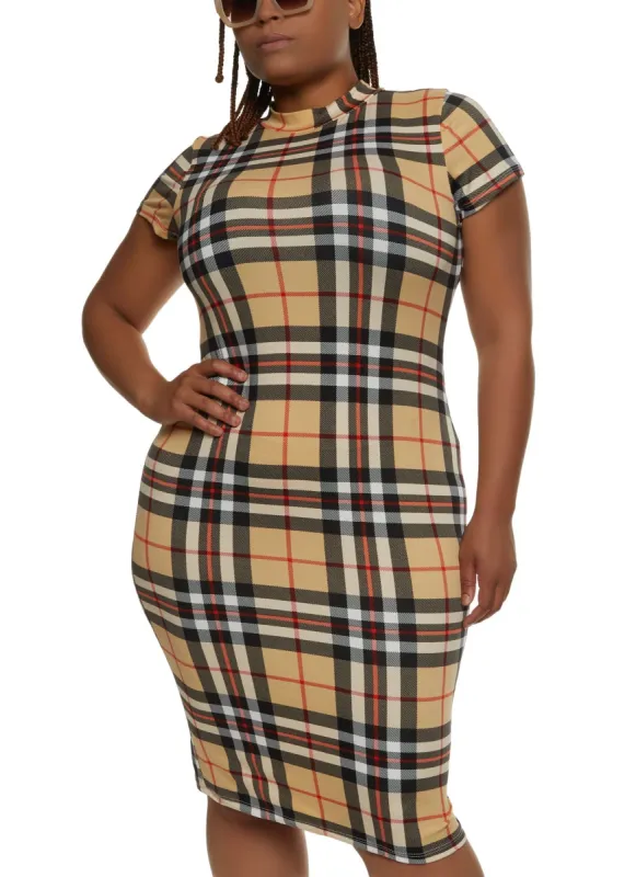 Plus Size Plaid Mock Neck Midi Dress sold by Rainbow