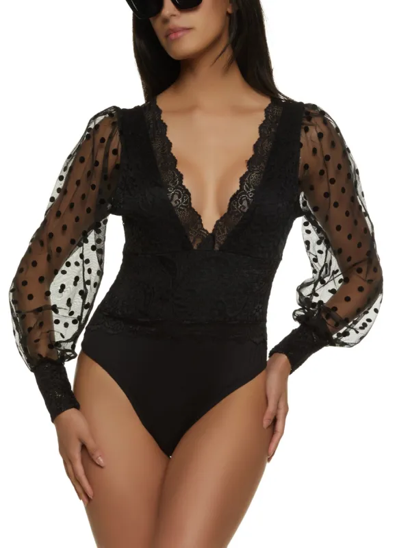 Velvet Burnout Polka Dot V Neck Lace Bodysuit sold by Rainbow