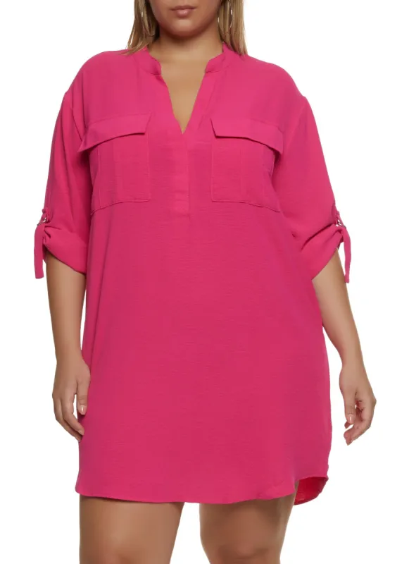 Plus Size Double Pocket Tabbed Sleeve Shirt Dress sold by Rainbow
