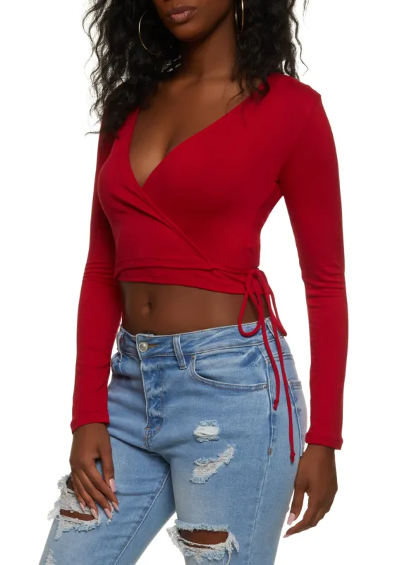 Soft Knit Side Tie Cropped Wrap Top sold by Rainbow