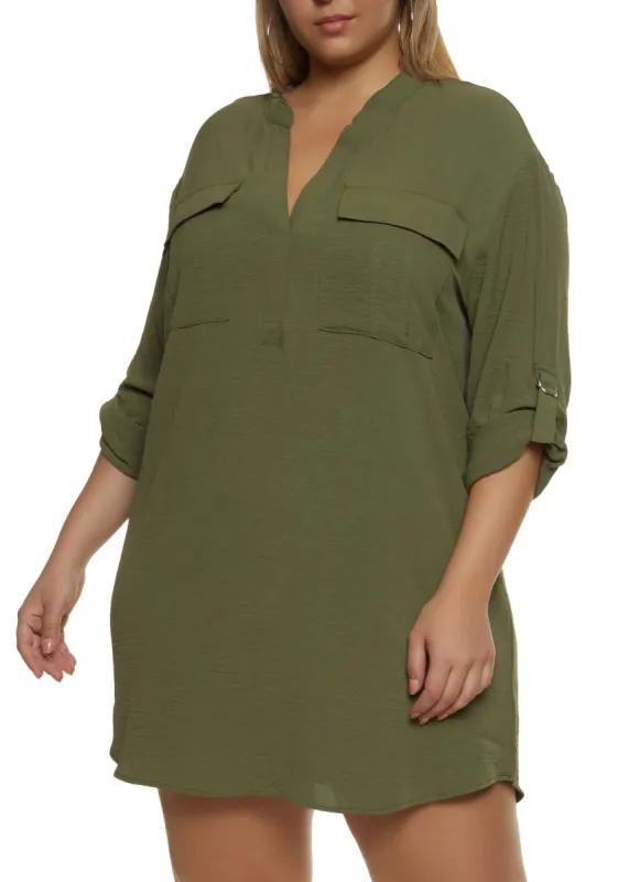 Plus Size Double Pocket Tabbed Sleeve Shirt Dress sold by Rainbow