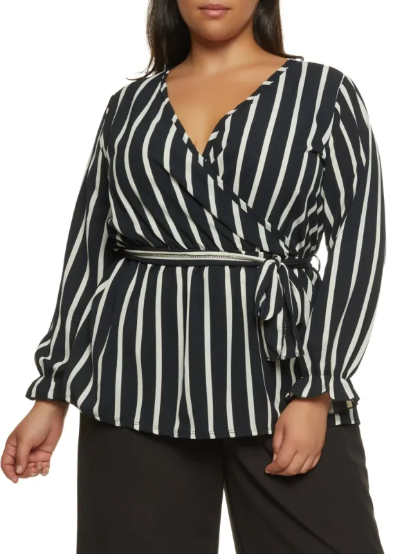 Plus Size Striped Tie Waist Belted Wrap Top sold by Rainbow