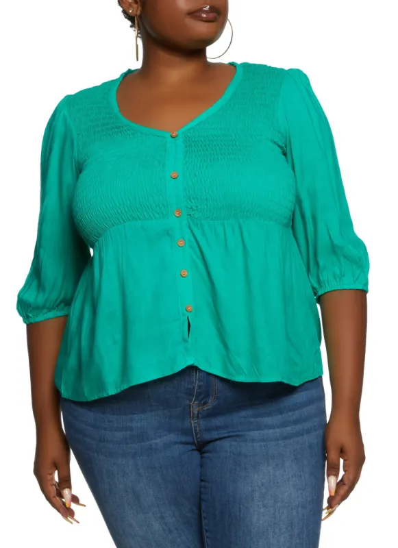 Plus Size Smocked Button Detail Top sold by Rainbow