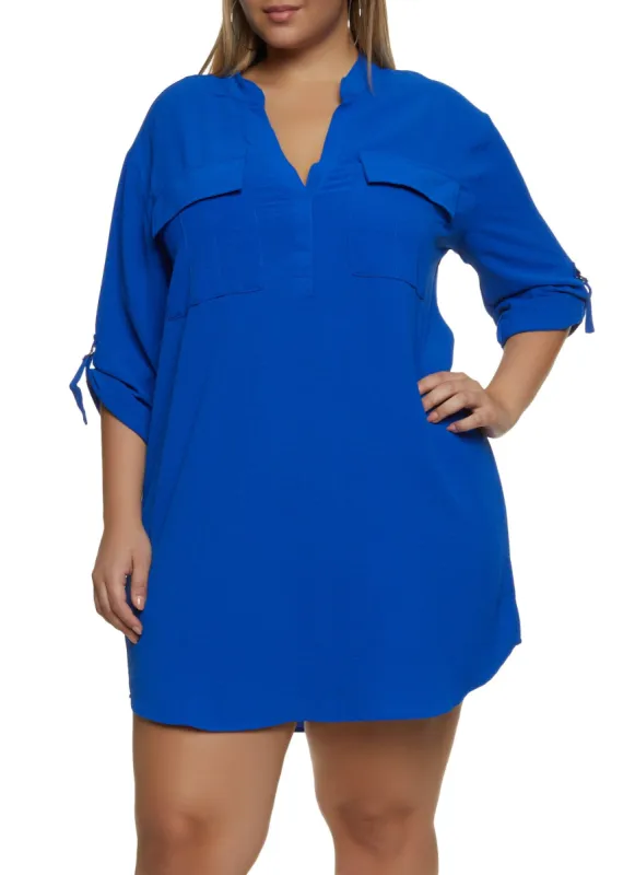 Plus Size Double Pocket Tabbed Sleeve Shirt Dress sold by Rainbow