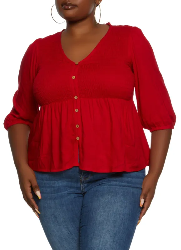 Plus Size Smocked Button Detail Top sold by Rainbow