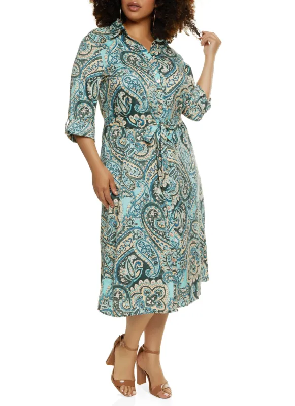 Plus Size Paisley Tie Waist Belt Shirt Dress sold by Rainbow
