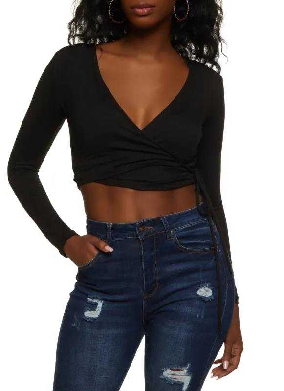 Soft Knit Side Tie Cropped Wrap Top sold by Rainbow