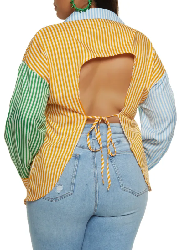 Plus Size Striped Open Back Button Front Top made by Rainbow