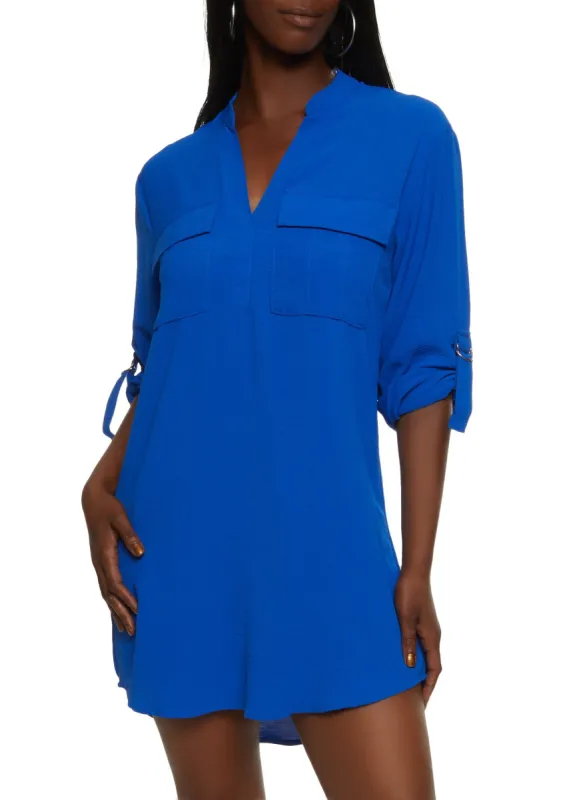 Double Pocket Tabbed Sleeve Shirt Dress sold by Rainbow