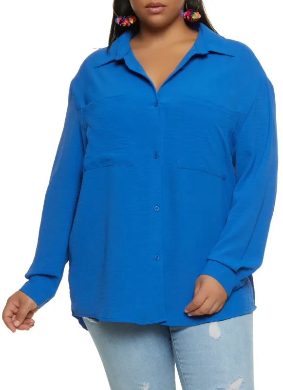 Plus Size Airy Pocket Button Front Shirt sold by Rainbow