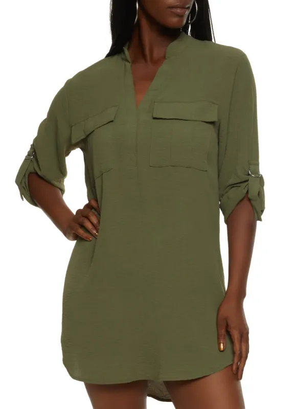 Double Pocket Tabbed Sleeve Shirt Dress sold by Rainbow
