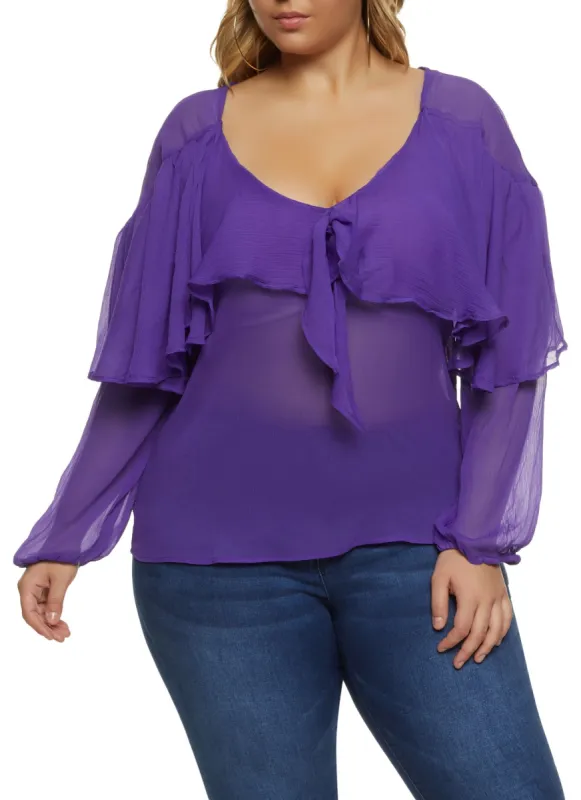 Plus Size Knot Detail Waterfall Frill Blouse made by Rainbow